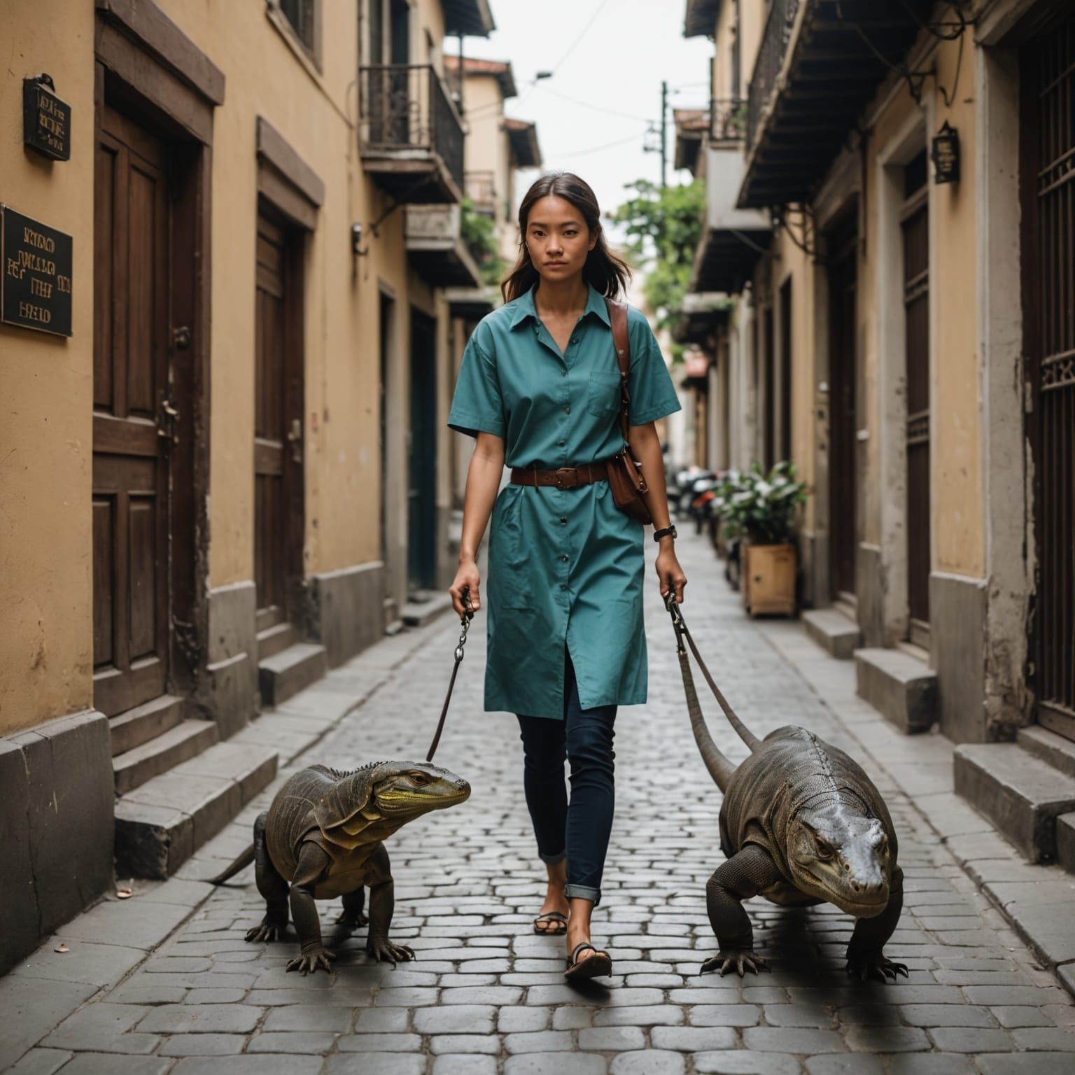 Woman Walking Komodo Dragon Through City Streets