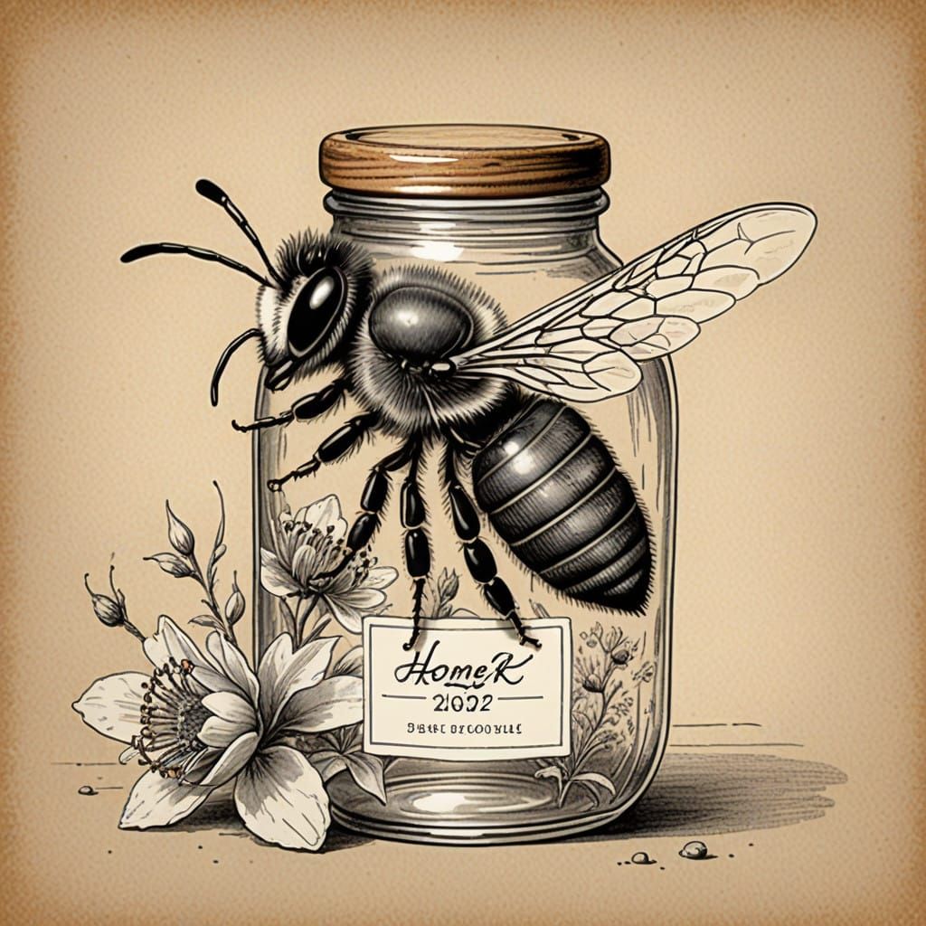 Whimsical Honey Bee in Vintage Honey Jar Sketch