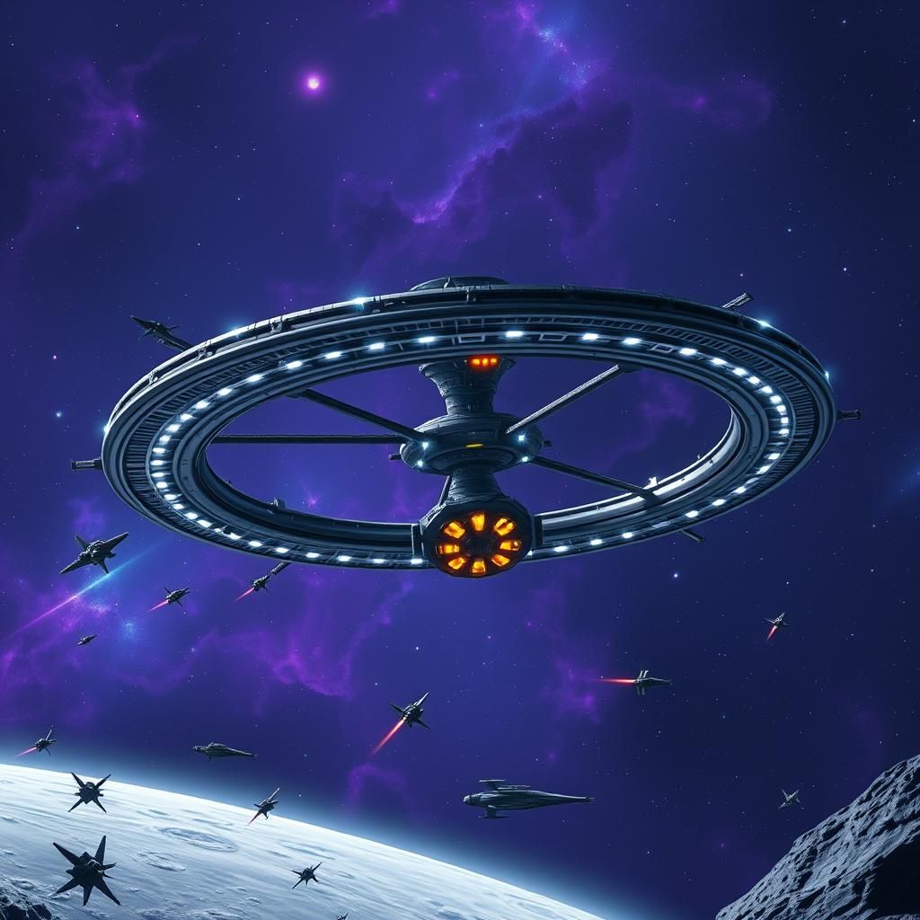 A majestic, ring-shaped space station with neon-lit spokes, set against a vibrant purple and blue nebula backdrop. Tradi...