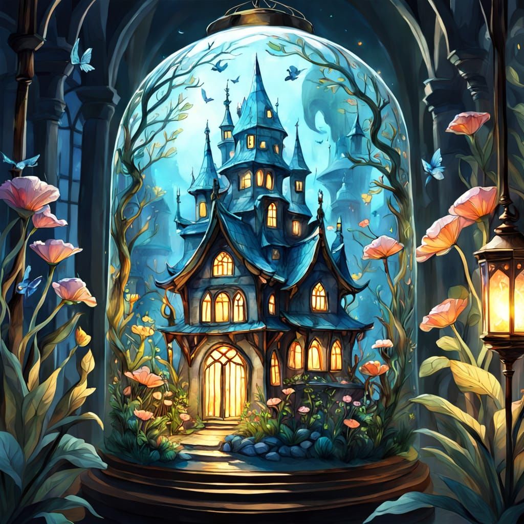 Miniature Fantasy World Inside a Glowing Lantern