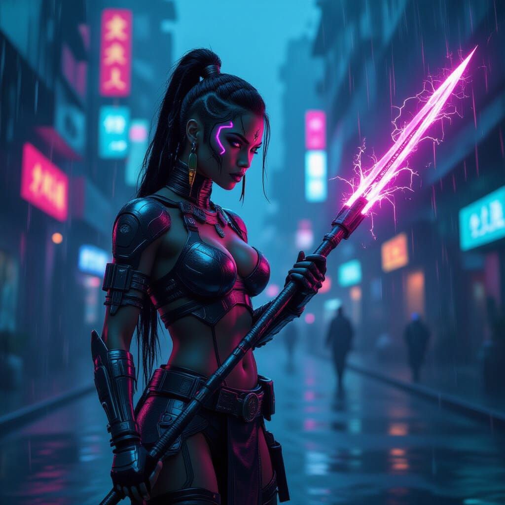Cyberpunk Amazonian Warrior in Neon City