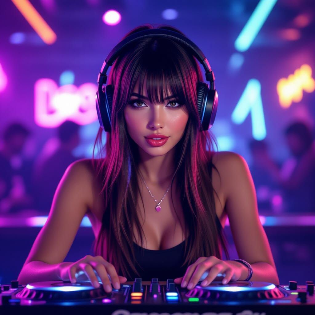 Momo Ayase DJing in a Club with Neon Lights