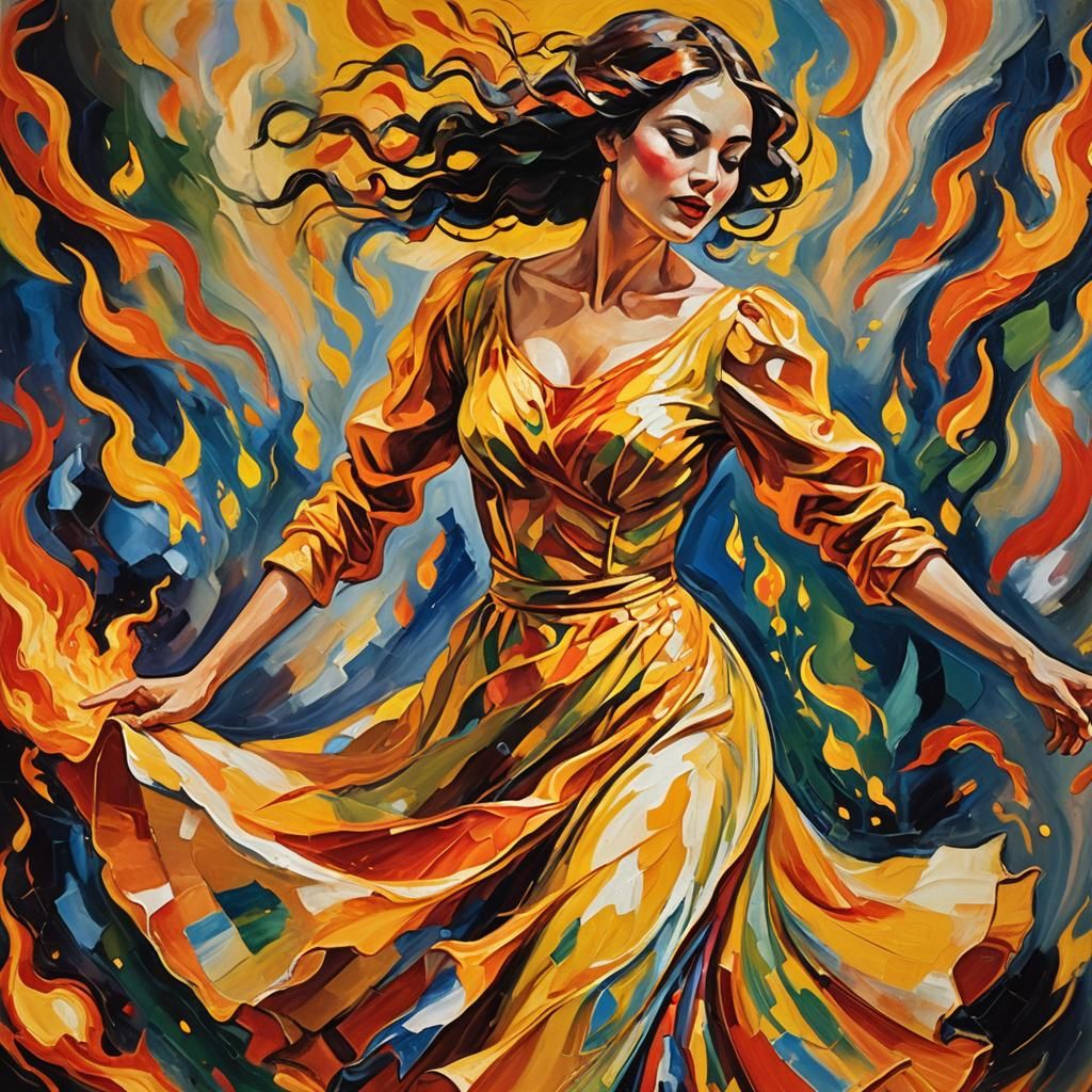 Woman Dancing in Flames: Fauvist Expressionist Oil Painting