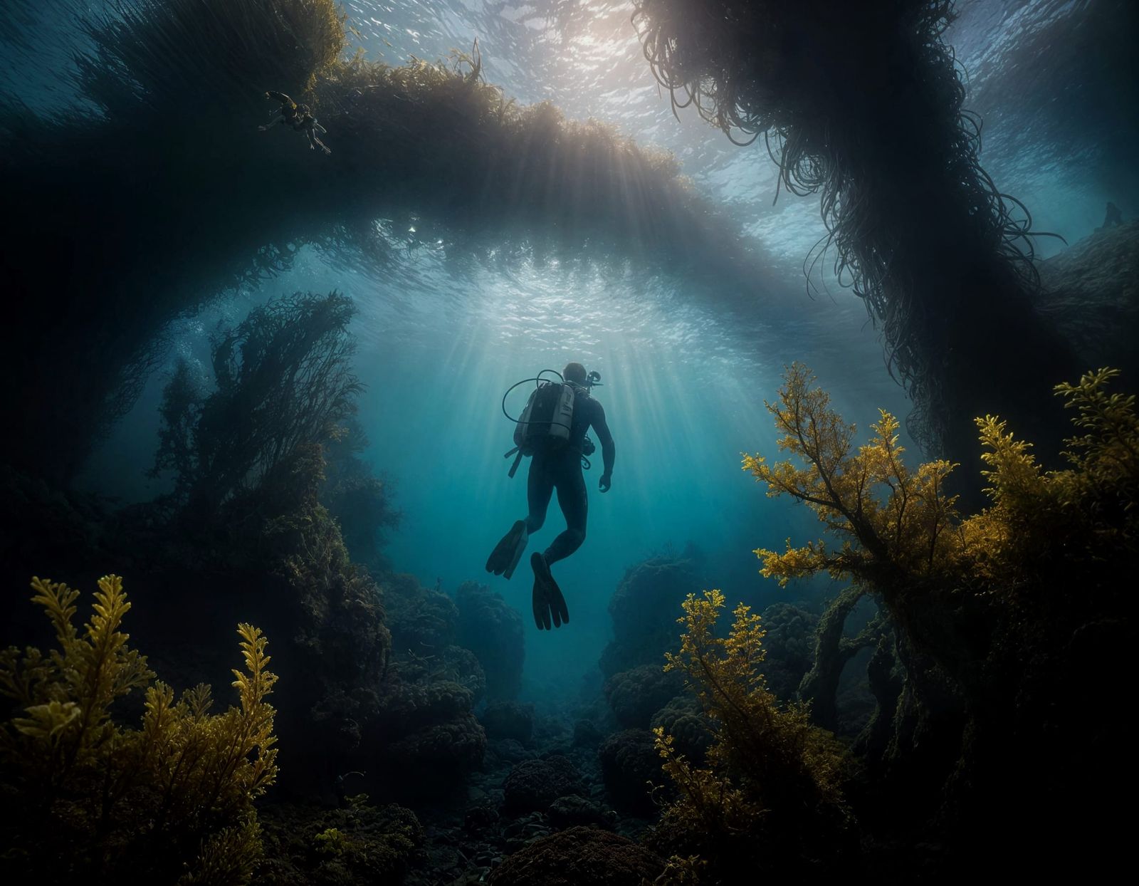 Diver and Glowing Portal in Kelp Forest