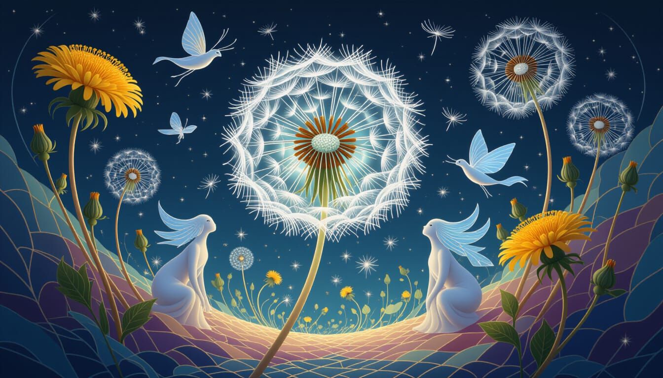Ethereal Silver Being in Dandelion Balloon, Bio-Art