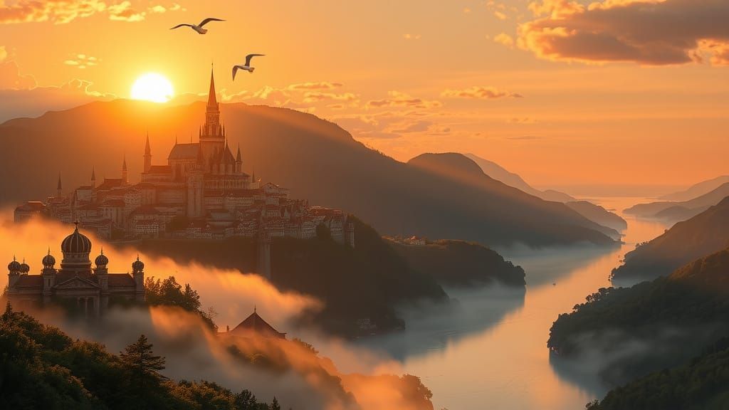 Valdoria: Golden City at Sunrise in Fantasy Landscape