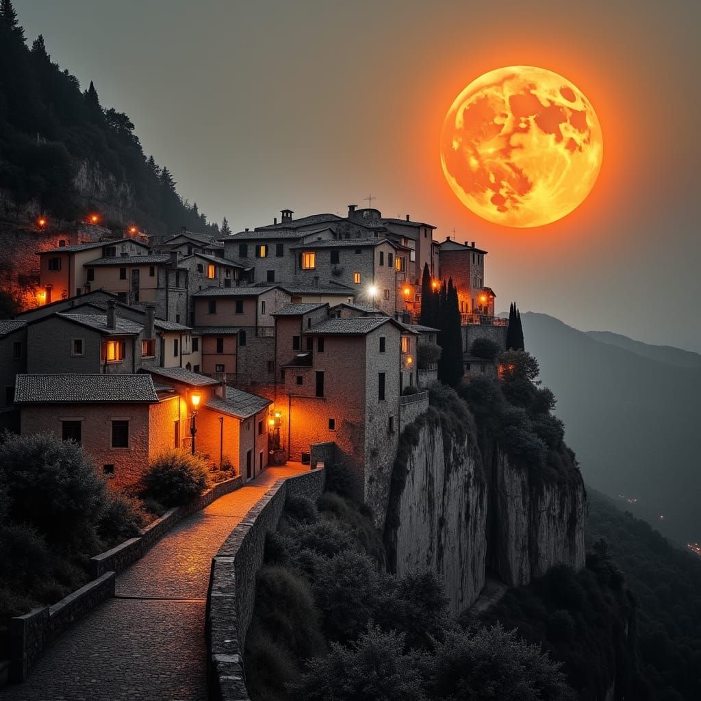 Italian Hillside Village with Orange Moon