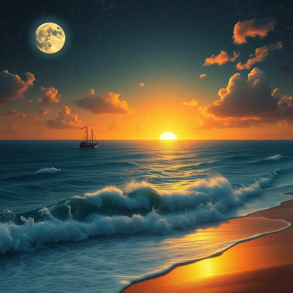Serene Ocean Ship at Dawn: Matte Painting Style