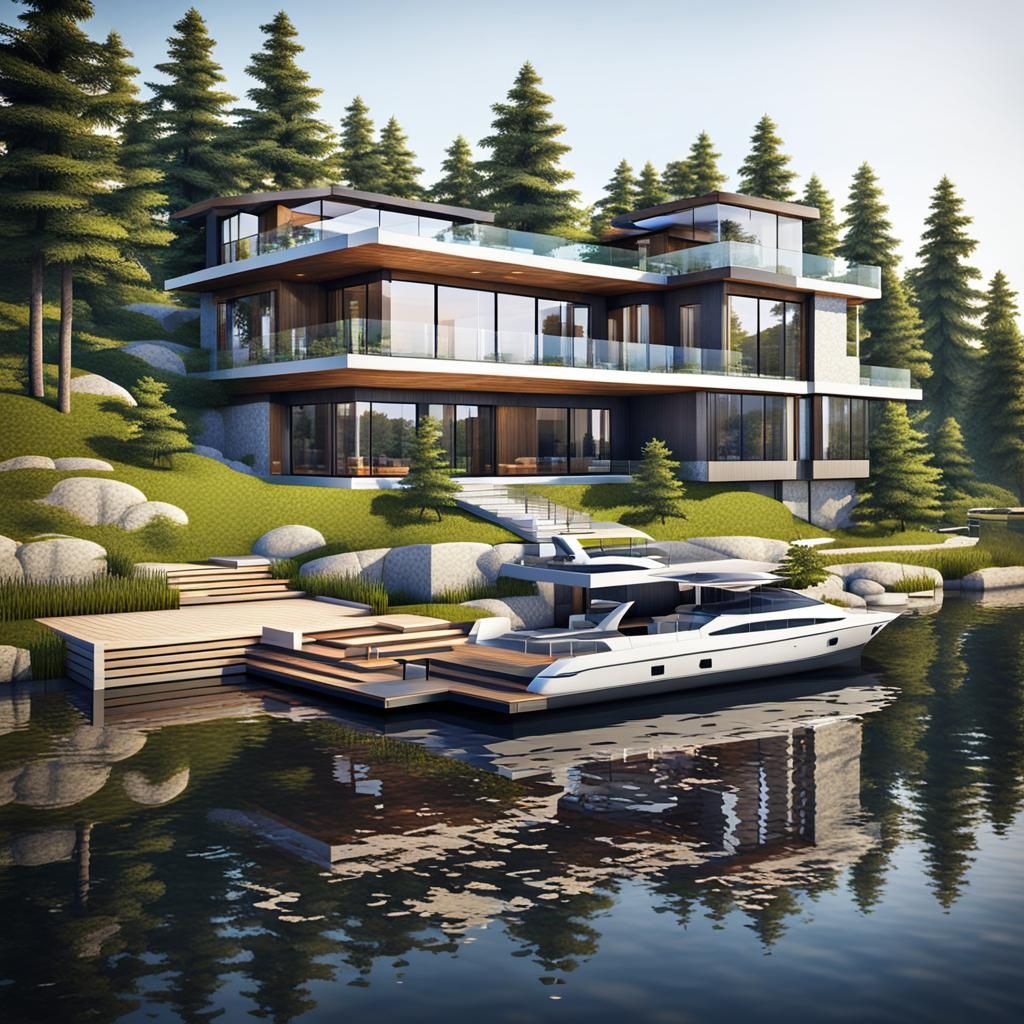 Modern Lakeside House with Yacht