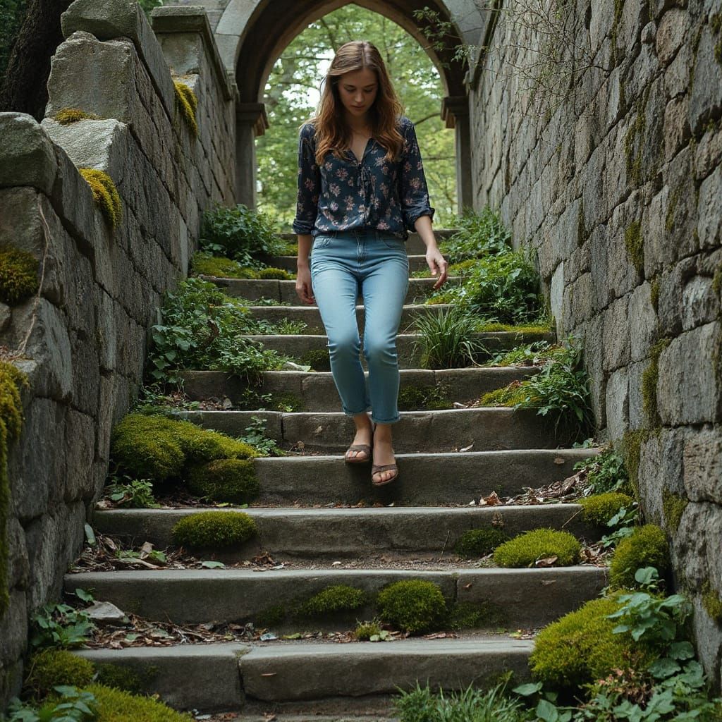 Woman Descending Stone Steps in Digital Painting Style