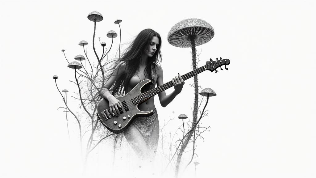 Mystical Musician in Fungal Forest of Shimmering Metal
