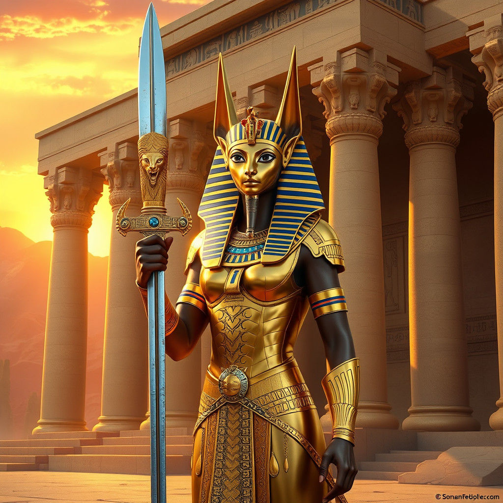 Bastet, Egyptian Goddess of War, in Golden Armor