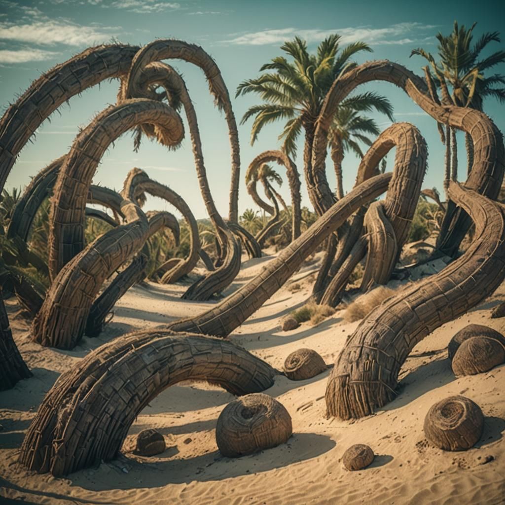 Dramatic Desert Island with Twisted Palm Trees
