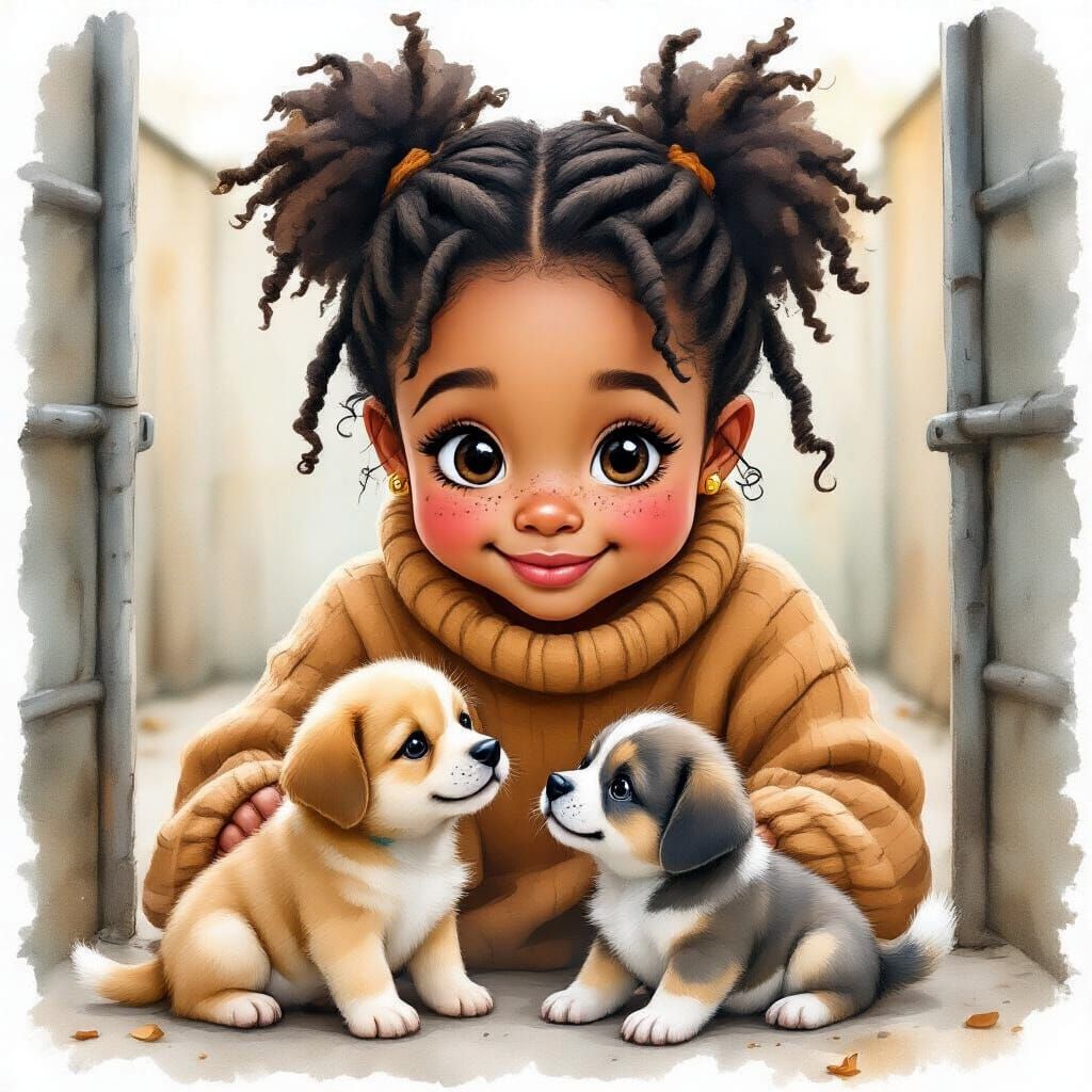 Girl with Puppies: Watercolor Art with Vibrant Hues