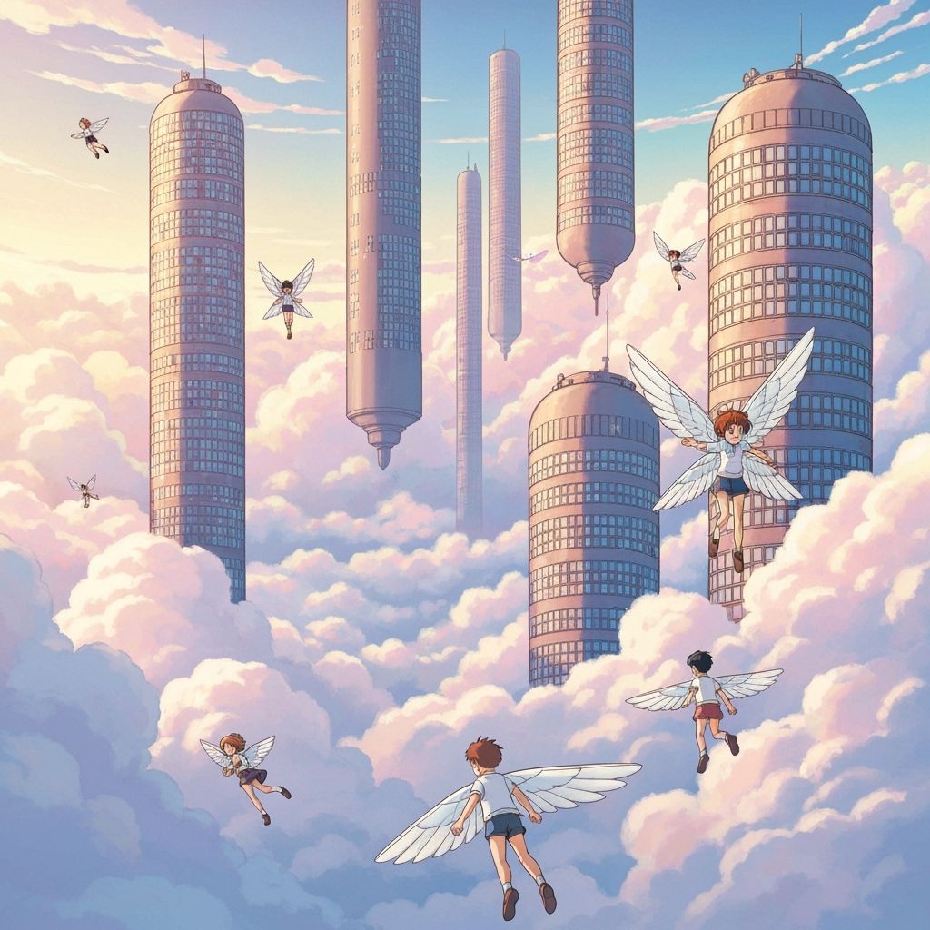 Floating Cylindrical Buildings in Studio Ghibli Anime Style