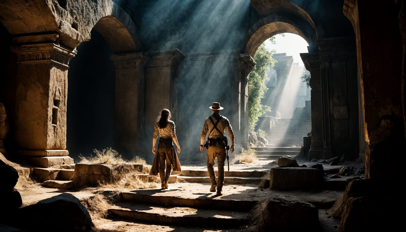 Indiana Jones and Lara Croft in Ancient Ruins