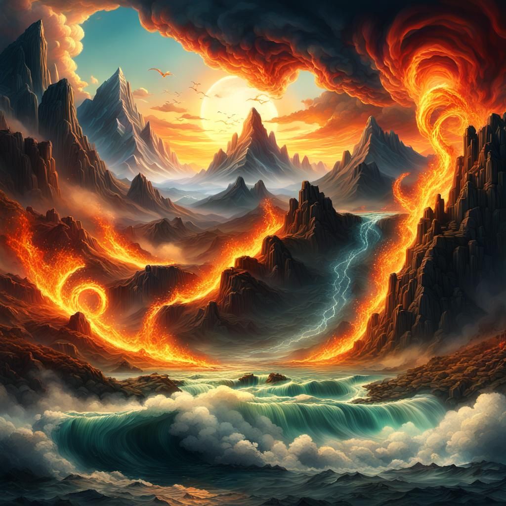 Elemental Vortex: Earth, Air, Fire, Water Clash