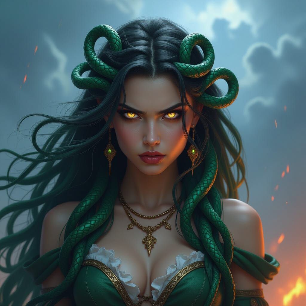 Fantasy Medusa with Snake Hair in Dramatic Stormy Sky