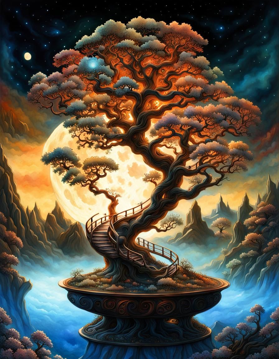 Cosmic Dieselpunk Yggdrasil Treehouse under Astral Sky