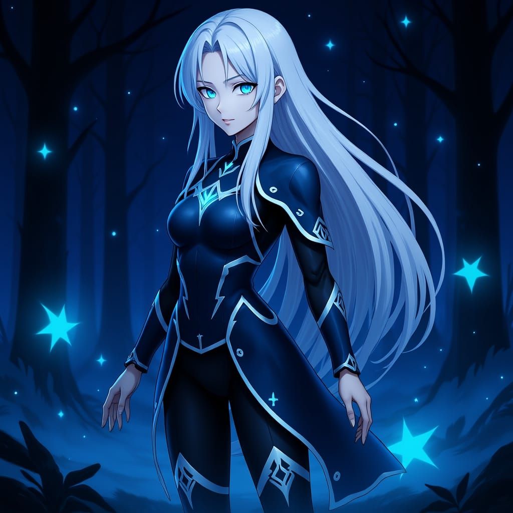 Ethereal Warrior Lunaris in Moonlit Forest Anime Style