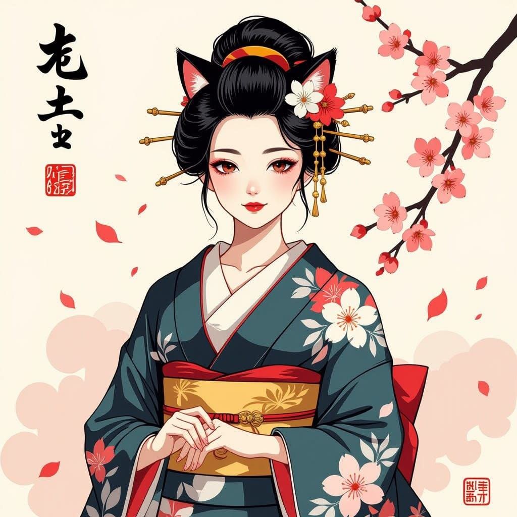 Elegant Cat Queen in Traditional Sumi-E Style