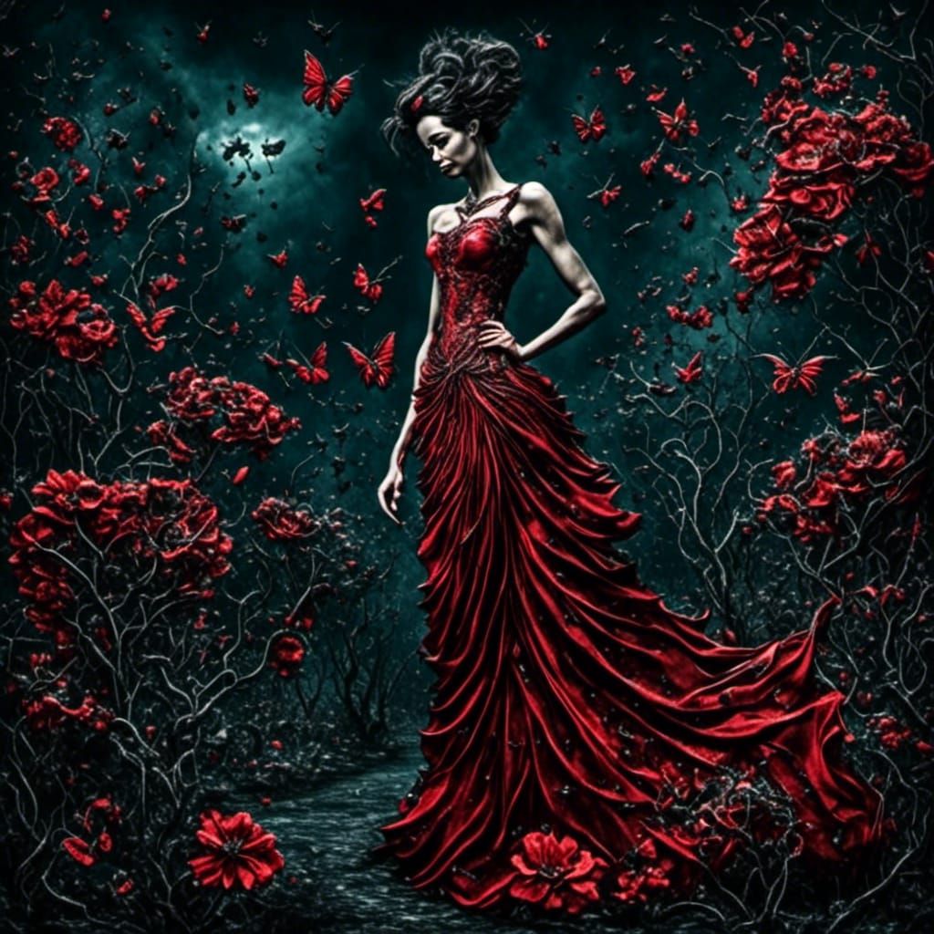 Joy in the Poison Garden: Hyperrealistic Red Gown