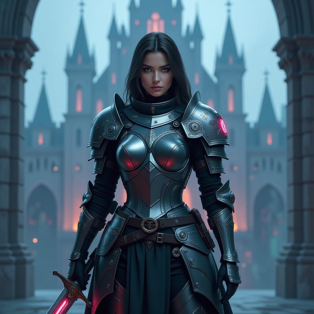 Female Knight in Cyberpunk Medieval Armor