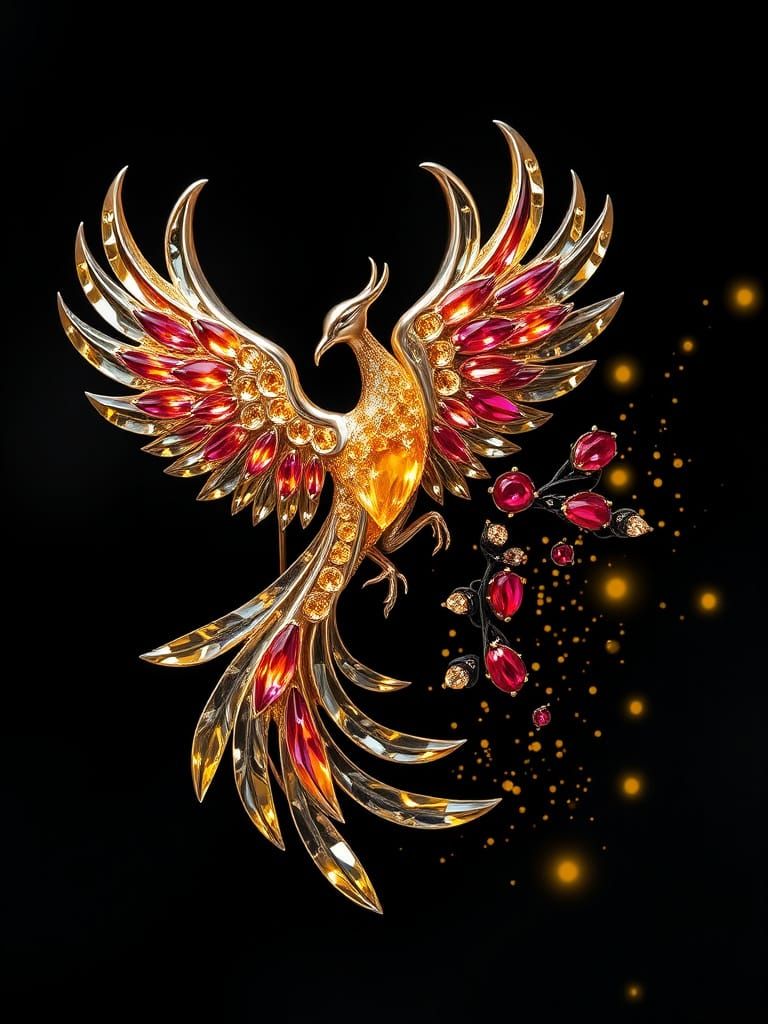 Molten Silver Phoenix Brooch with Crystal Petals