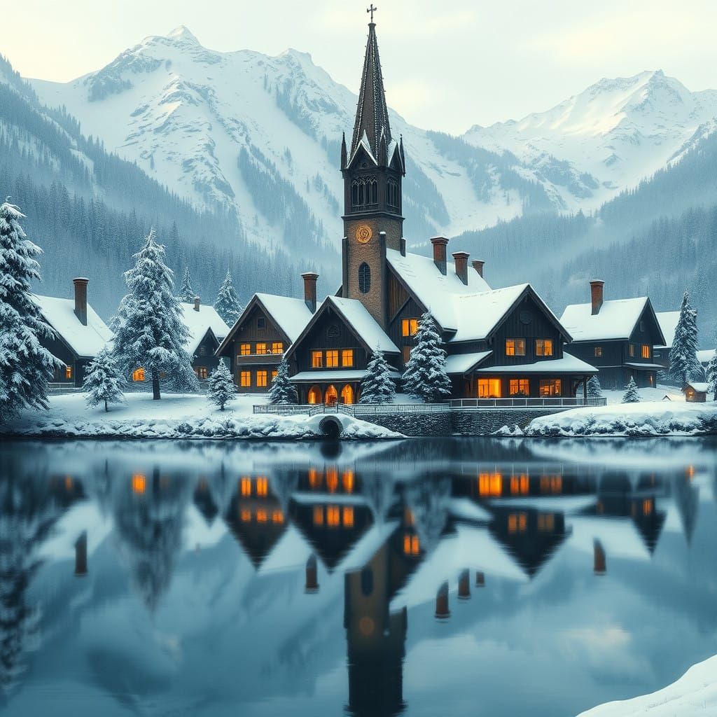 Winter Village Scene by a Serene Lake