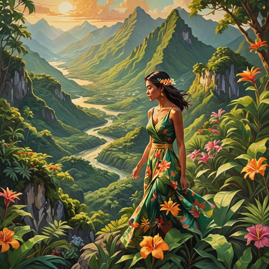 Tropical Landscape Oil Painting of Loving Couple