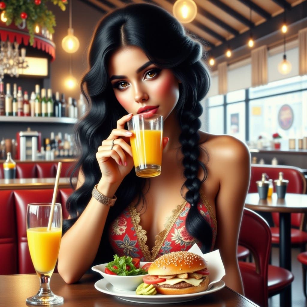 Beautiful Woman in Diner, Airbrush Illustration