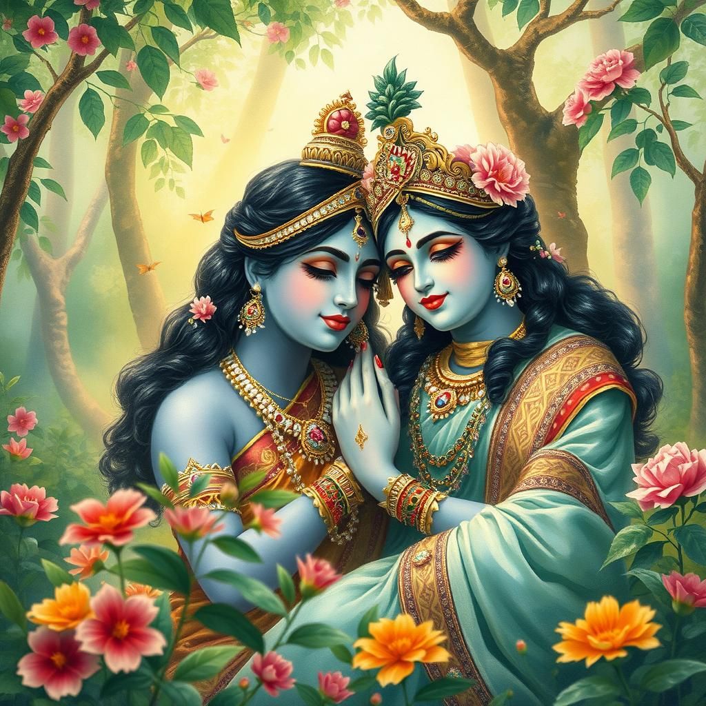 Radha and Krishna in Brindhavan: Watercolor Painting