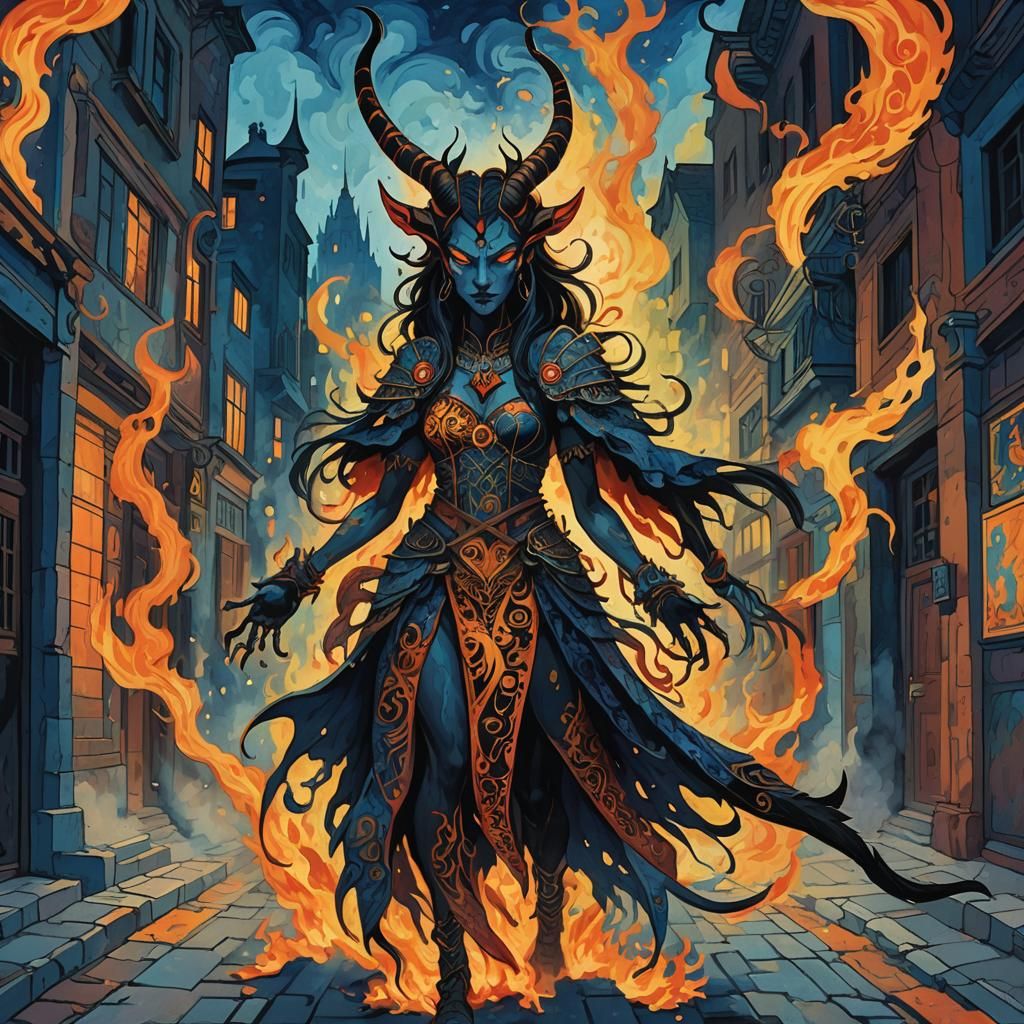 Fiery Demon in Burning Street: Dark Fantasy Art