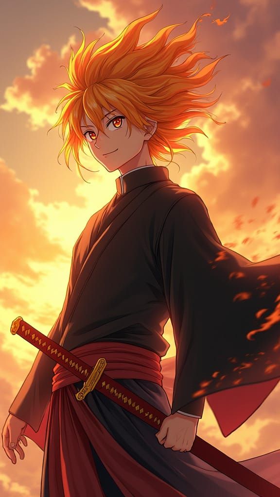 Heroic Kyojuro Rengoku in Vibrant Sunset Landscape