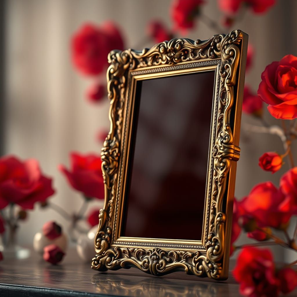 Retro Luxury Frame with Velvet Red Flowers in Gilded Gold