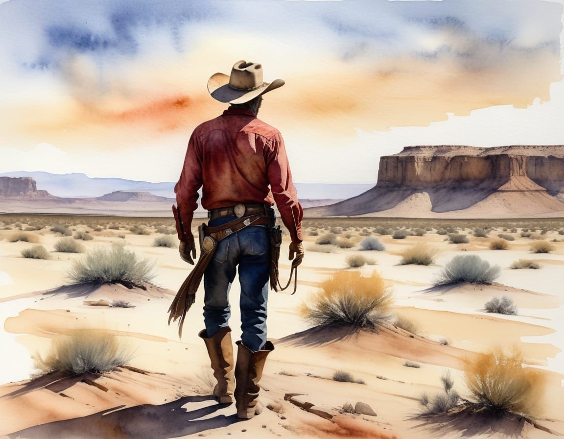 Cowboy in Desert Landscape as Watercolor Painting