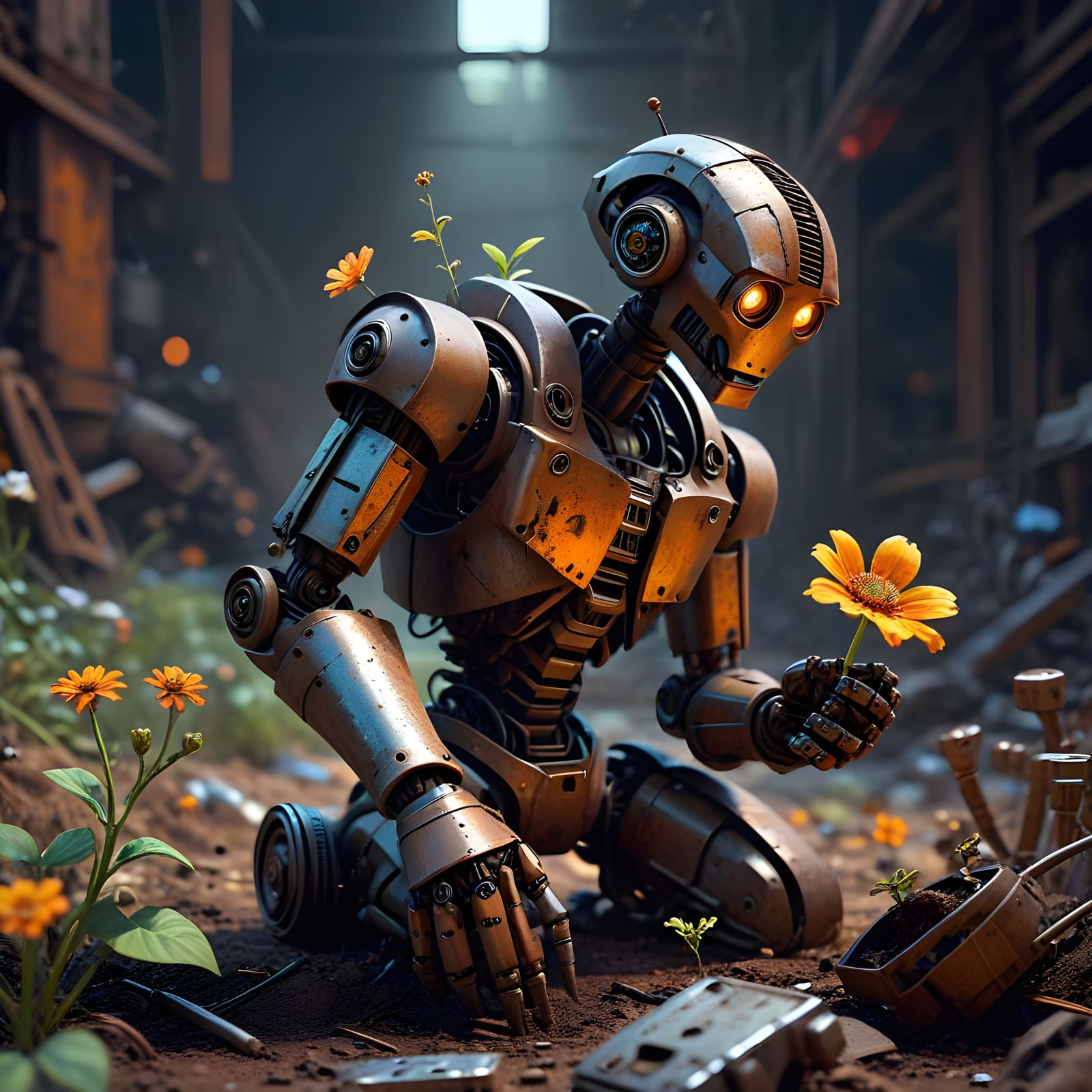 Rusty Robot Discovers Blooming Beauty Amidst Scrap Metal
