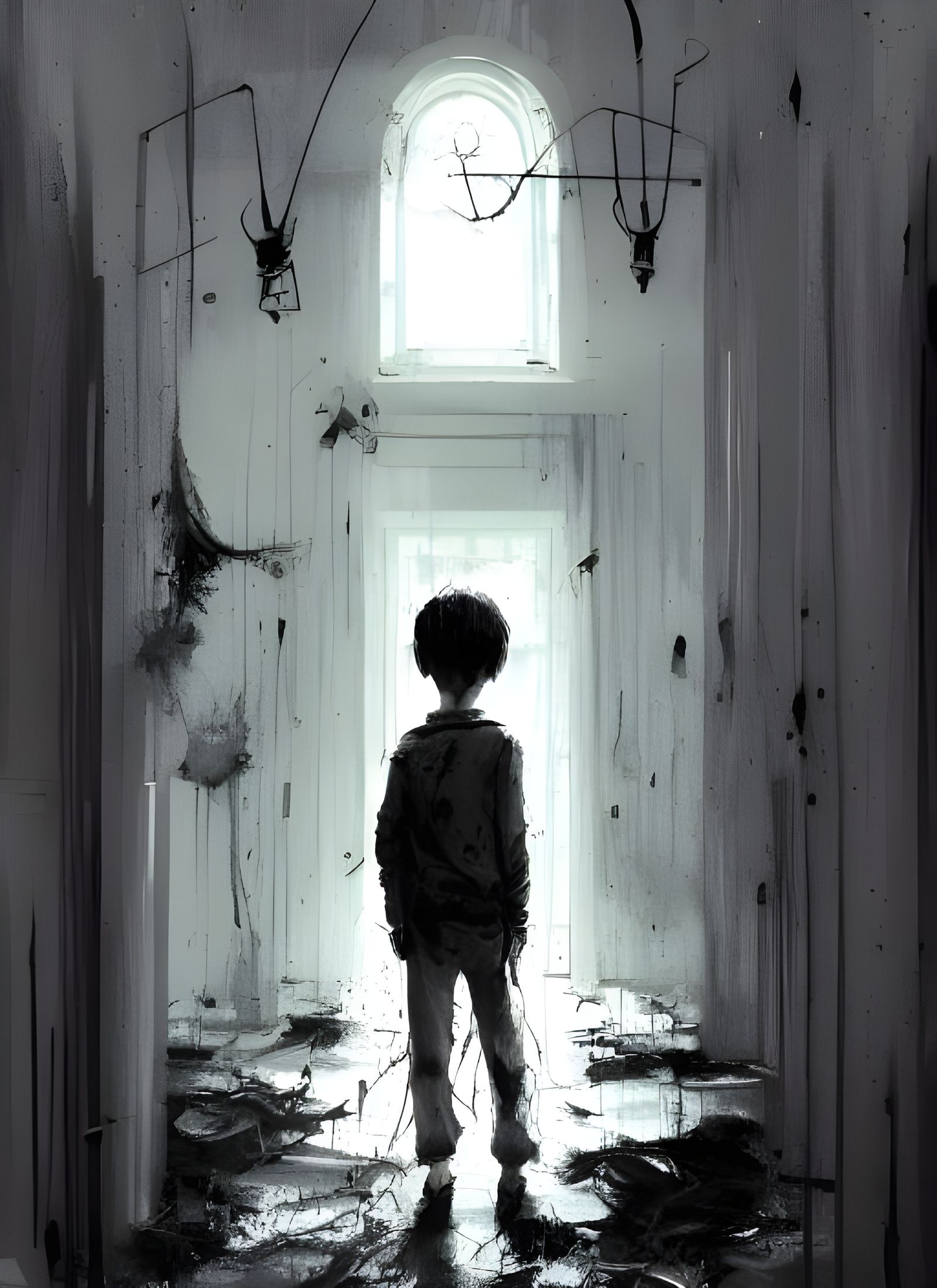 Orphanage Ghost in Black and White Horror Style