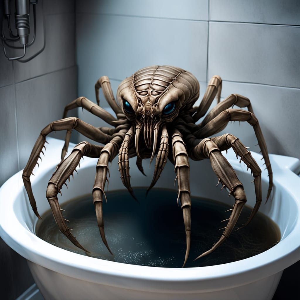 Macabre Facehugger Horror in a Dark, Gritty Bathroom