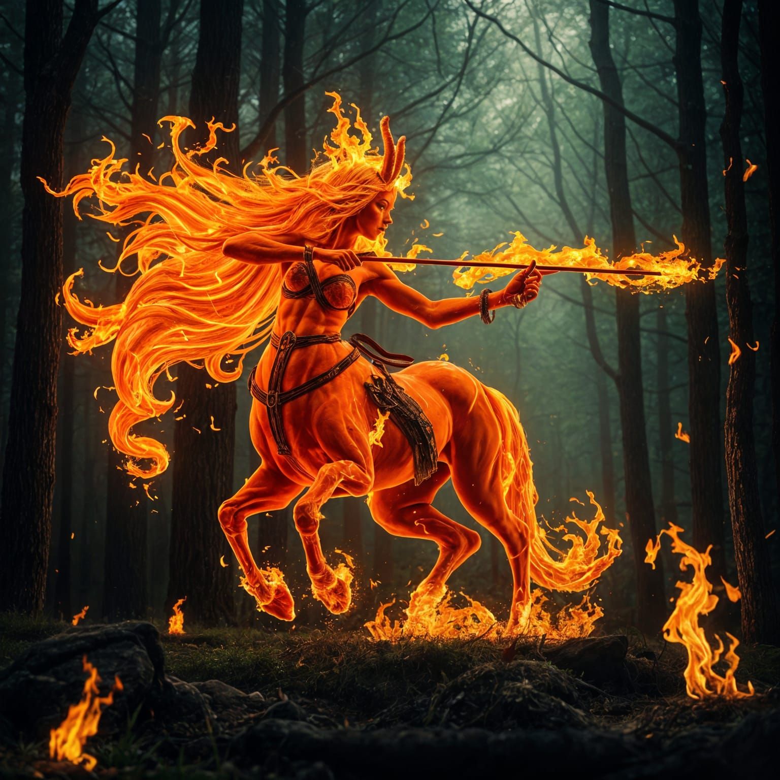 Fiery Centaur Archer in a Burning Forest
