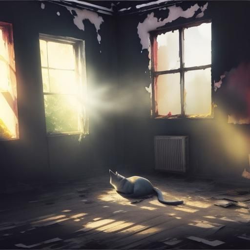 Watercolor Portrait of Sleeping Cat in Abandoned Room