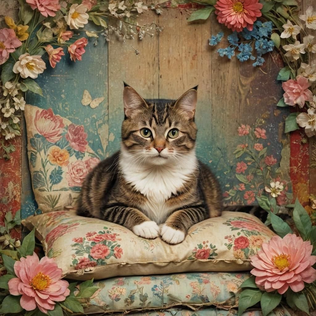 Fairytale Cat on Pillow in Dimensional Collage