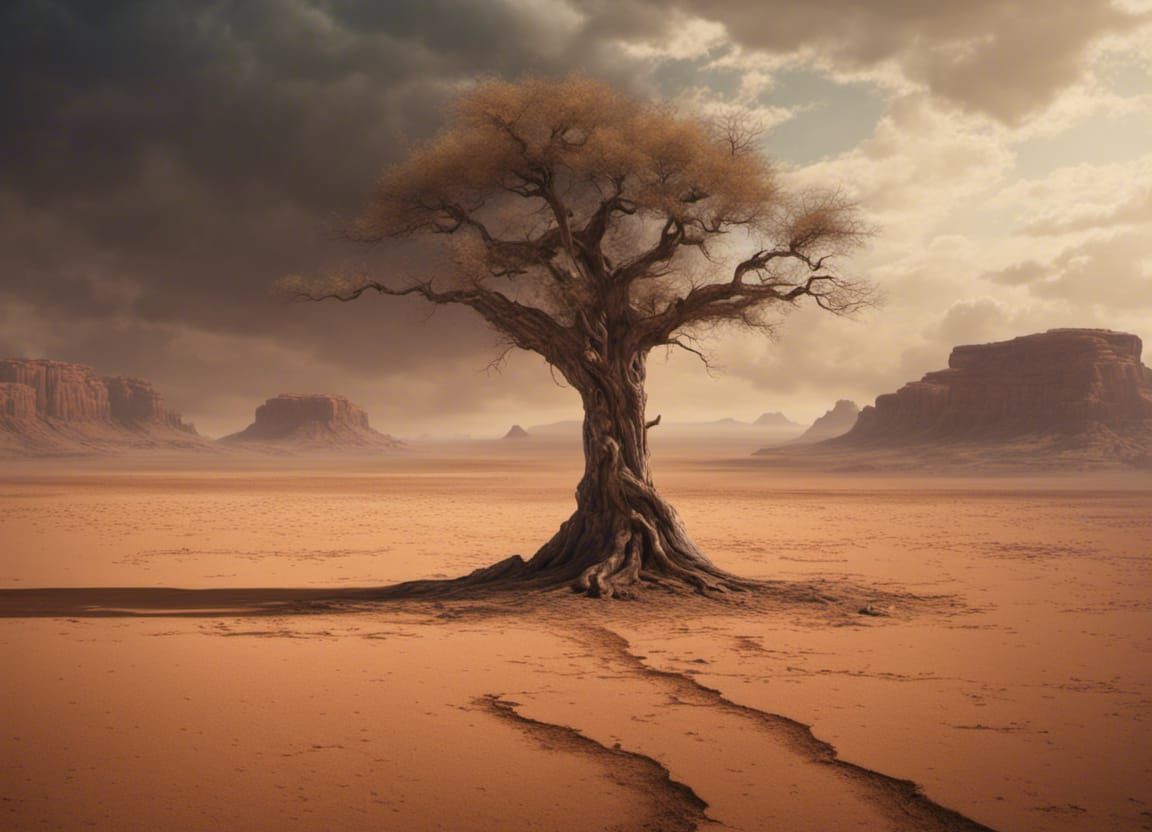 Lone Tree in Arid Region: Dramatic Digital Painting