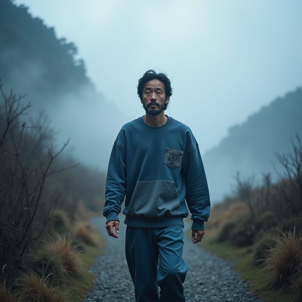 Man in Indigo on Misty Mountain Path