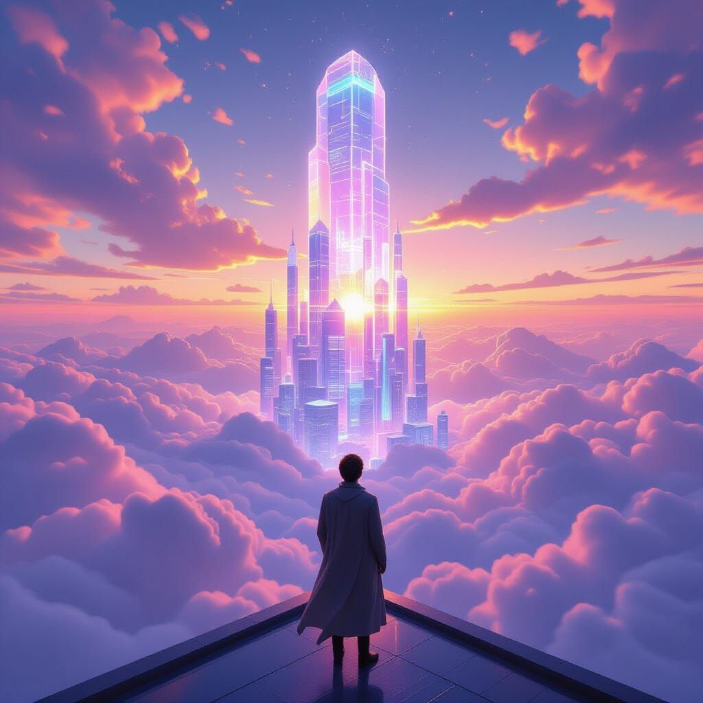 Floating Glass City Sunset: Futuristic Dreamscape