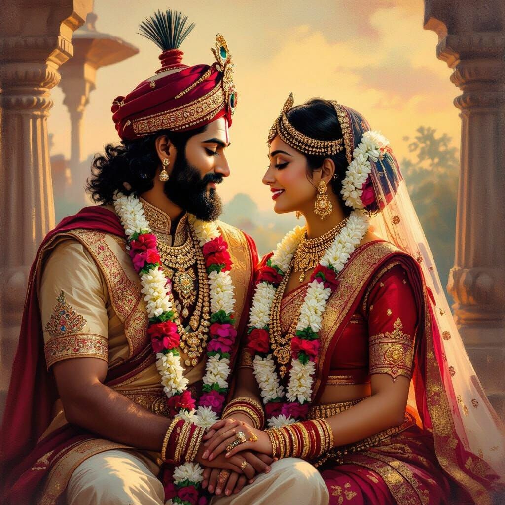 Royal Indian Couple's Romantic Afternoon in Oil Painting Sty...