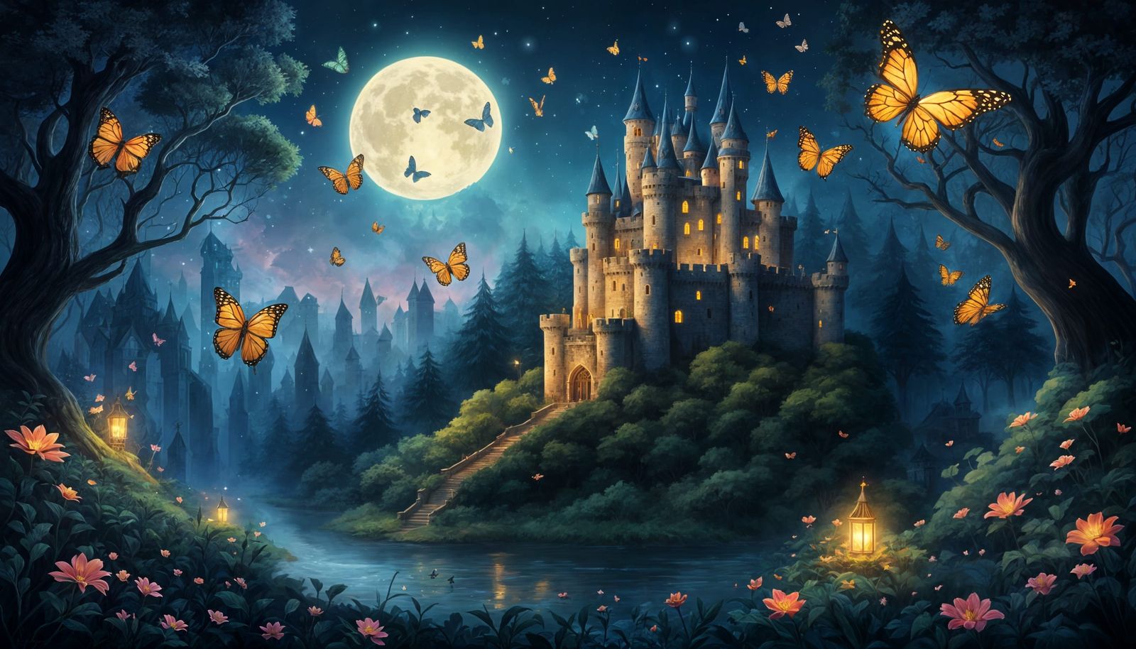 Enchanted Castle in Forest with Fairies