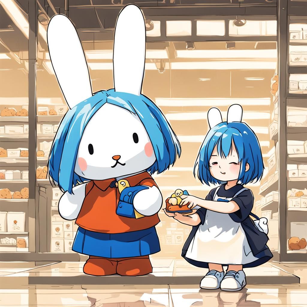Blue-Haired Girl and Miffy in Anime Style