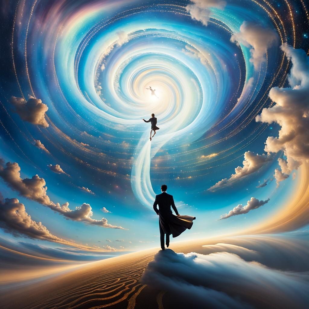 Dreamlike Figure in Surreal Iridescent Sky