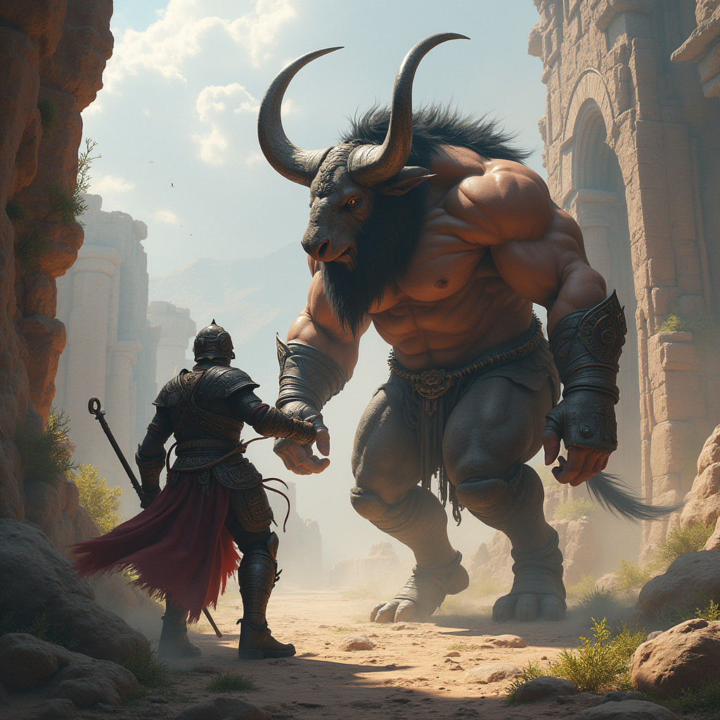 Minotaur vs Warrior in Fantasy Battlefield Art
